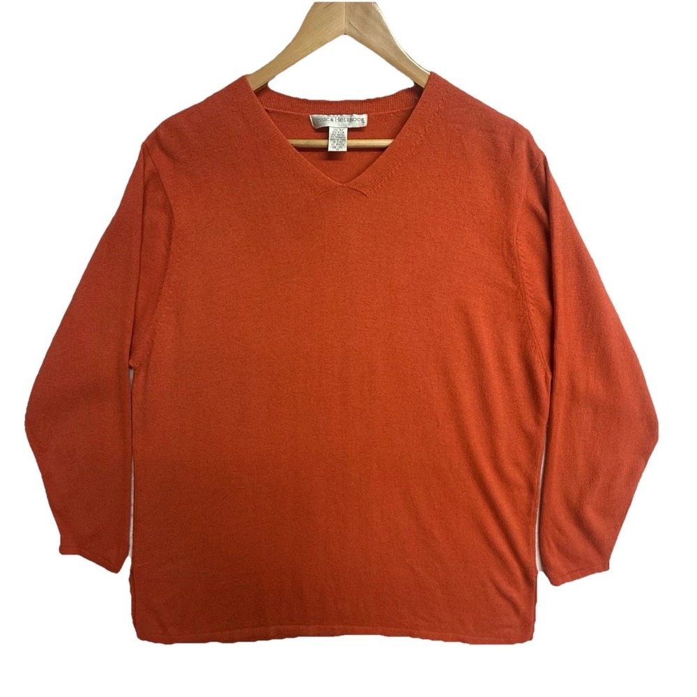 Jessica Holbrook Sweater 1X Orange Silk Angora V‎ Neck Knit Long Sleeve